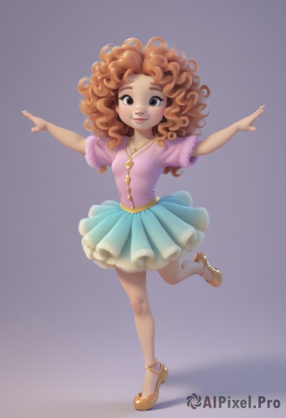 1girl,solo,long hair,breasts,looking at viewer,smile,skirt,simple background,brown hair,jewelry,standing,full body,short sleeves,small breasts,dark skin,necklace,orange hair,black eyes,dark-skinned female,lips,blue skirt,shadow,leg up,standing on one leg,outstretched arms,child,purple background,curly hair,pink shirt,dancing,aqua skirt,ballerina,ballet slippers,ballet,tutu,dress,pantyhose,shoes