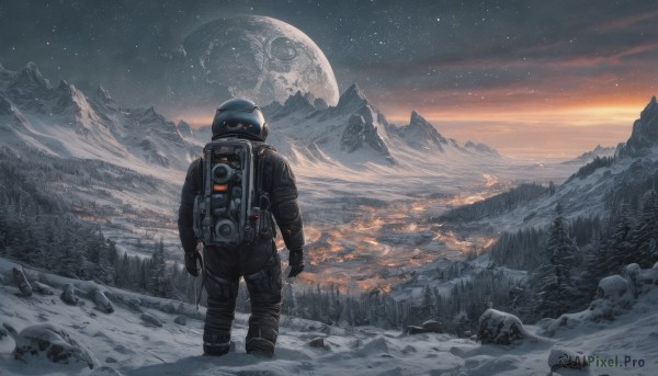 solo,gloves,1boy,standing,male focus,outdoors,sky,black gloves,cloud,bag,from behind,tree,night,moon,backpack,helmet,star (sky),nature,scenery,snow,1other,forest,starry sky,science fiction,rock,mountain,facing away,planet,mountainous horizon,ambiguous gender,spacesuit,astronaut,skull,sun,landscape,spacecraft