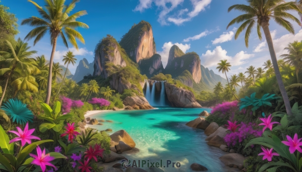 flower, outdoors, sky, day, cloud, water, tree, blue sky, no humans, plant, nature, scenery, rock, mountain, palm tree, waterfall