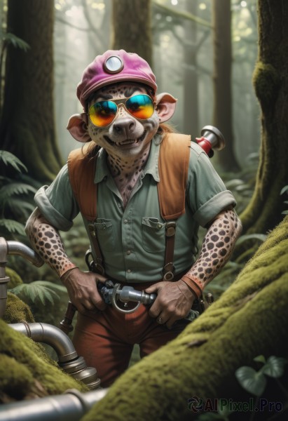 solo,looking at viewer,shirt,gloves,1boy,hat,holding,closed mouth,standing,weapon,short sleeves,male focus,cowboy shot,outdoors,glasses,teeth,day,collared shirt,belt,pants,blurry,tree,gun,depth of field,blurry background,animal,fangs,sunglasses,suspenders,blue shirt,goggles,nature,furry,sleeves rolled up,forest,pocket,round eyewear,green shirt,overalls,pink headwear,breast pocket,furry male,brown pants,tinted eyewear,red pants,brown hair,animal ears,vest,tattoo,brown gloves,arm tattoo,green vest,monkey