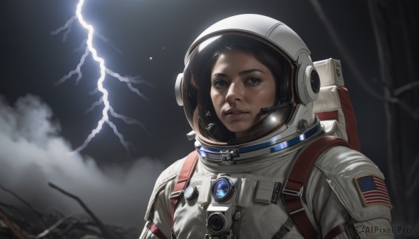 1girl,solo,looking at viewer,short hair,brown hair,black hair,brown eyes,upper body,sky,cloud,bag,blurry,tree,lips,backpack,helmet,cloudy sky,realistic,nose,electricity,lightning,american flag,spacesuit,japanese flag,space helmet,astronaut,japan,blue eyes,parted lips,teeth,portrait,science fiction,flag,planet,united states