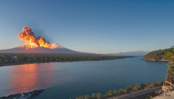 outdoors,sky,day,cloud,water,tree,blue sky,no humans,ocean,fire,nature,scenery,forest,reflection,mountain,explosion,river,landscape,lake,plant,ground vehicle,smoke,mount fuji