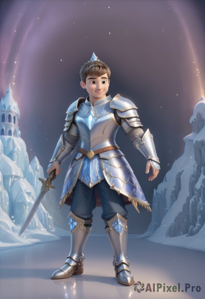 solo,looking at viewer,smile,short hair,brown hair,1boy,holding,brown eyes,standing,full body,weapon,male focus,boots,pants,sword,artist name,holding weapon,armor,black eyes,night,holding sword,crown,shoulder armor,gauntlets,gem,pauldrons,ice,crystal,breastplate,fantasy,vambraces,armored boots,male child,greaves,faulds,castle,knight,teeth,black pants,snow