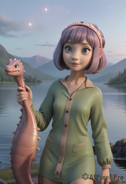 1girl,solo,breasts,looking at viewer,smile,short hair,bangs,long sleeves,dress,holding,brown eyes,jewelry,closed mouth,green eyes,standing,collarbone,pink hair,purple hair,cowboy shot,hairband,small breasts,outdoors,sky,artist name,cloud,water,necklace,tree,lips,night,animal,watermark,bob cut,grass,nature,fish,green dress,rock,mountain,realistic,green shirt,holding animal,river,lake,pond,shirt,tail,day,buttons