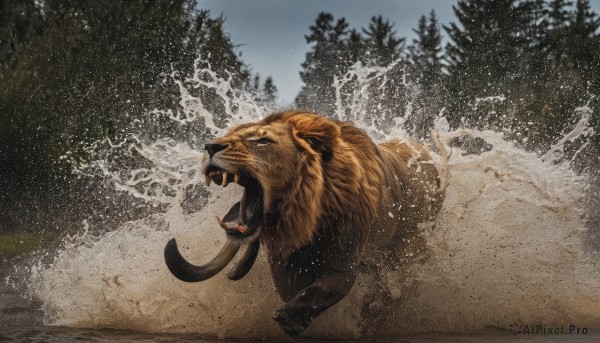 solo,open mouth,outdoors,sky,teeth,day,water,tree,pokemon (creature),no humans,animal,fangs,sharp teeth,nature,claws,forest,running,realistic,sand,animal focus,splashing,tusks,lion,tongue,tongue out,from side,profile,waves