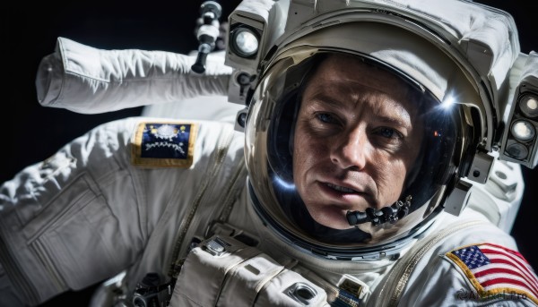 solo,looking at viewer,blue eyes,1boy,upper body,male focus,facial hair,helmet,black background,reflection,realistic,space,old,american flag,spacesuit,japanese flag,united states,astronaut,teeth,planet,flag print,earth (planet),space helmet,american flag print