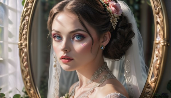 1girl,solo,looking at viewer,blue eyes,brown hair,hair ornament,dress,bare shoulders,jewelry,flower,earrings,parted lips,choker,hair flower,hair bun,blurry,lips,eyelashes,makeup,blurry background,facial mark,lipstick,portrait,veil,freckles,reflection,mirror,wedding dress,realistic,nose,red lips,bridal veil,bride,mascara,short hair,collarbone,braid,necklace,from side,sunlight,close-up,eyeshadow