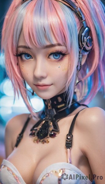 1girl,solo,breasts,looking at viewer,smile,short hair,bangs,blue eyes,cleavage,bare shoulders,jewelry,medium breasts,closed mouth,underwear,blue hair,upper body,pink hair,multicolored hair,choker,bra,blurry,two-tone hair,lips,streaked hair,eyelashes,makeup,detached collar,depth of field,blurry background,headphones,eyeshadow,headset,realistic,nose,mascara,twintails,ponytail,sidelocks,artist name,necklace,facial mark,light smile,white bra,pink lips,eyeliner