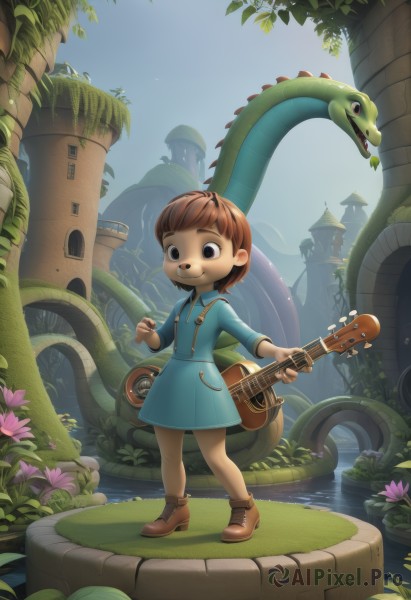 1girl,solo,smile,short hair,bangs,brown hair,long sleeves,dress,holding,brown eyes,standing,full body,flower,boots,outdoors,sky,shoes,day,water,black eyes,tree,blue sky,blue dress,animal,brown footwear,grass,plant,building,instrument,child,snake,music,guitar,female child,bridge,playing instrument,holding instrument,lily pad,pond,fantasy,dragon,frog