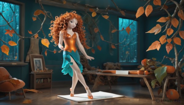 1girl,solo,long hair,breasts,looking at viewer,smile,blue eyes,skirt,brown hair,hair ornament,dress,bare shoulders,jewelry,standing,flower,small breasts,food,indoors,orange hair,high heels,tree,lips,see-through,window,strapless,night,fruit,leaf,wavy hair,chair,table,plant,walking,curly hair,wooden floor,branch,autumn leaves,mushroom,bare tree,orange (fruit),orange footwear,ballerina,very long hair,full body,red hair,one eye closed,shoes,fish,anklet,autumn,phonograph