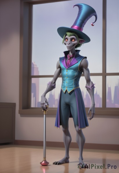 solo,looking at viewer,smile,short hair,shirt,1boy,hat,bow,standing,full body,male focus,green hair,necktie,shorts,barefoot,sleeveless,pointy ears,pants,artist name,indoors,bowtie,vest,orange eyes,window,witch hat,glowing,colored skin,claws,blue headwear,top hat,wooden floor,grey skin,pink bowtie,cane,pink necktie,red eyes,gloves,yellow eyes,sky,night,staff,glowing eyes,skull,vampire