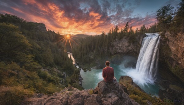 solo, 1boy, sitting, male focus, outdoors, sky, cloud, water, from behind, tree, nature, scenery, forest, sunset, rock, mountain, sun, river, waterfall