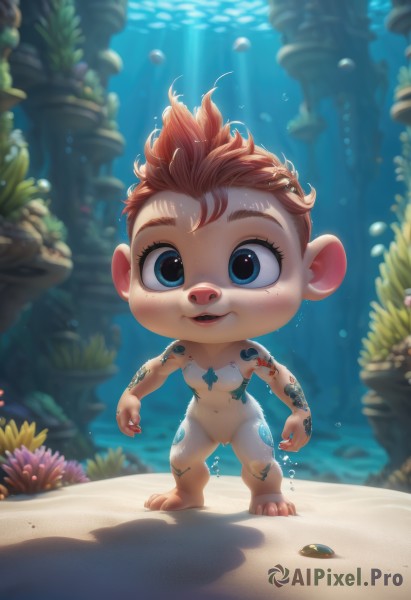 1girl,solo,looking at viewer,smile,short hair,open mouth,blue eyes,brown hair,navel,standing,full body,nude,red hair,small breasts,barefoot,teeth,artist name,blurry,tattoo,blurry background,watermark,sunlight,child,furry,freckles,fish,bubble,underwater,furry female,air bubble,male child,shell,starfish,submerged,buck teeth,coral,animal ears,water,orange hair,sand