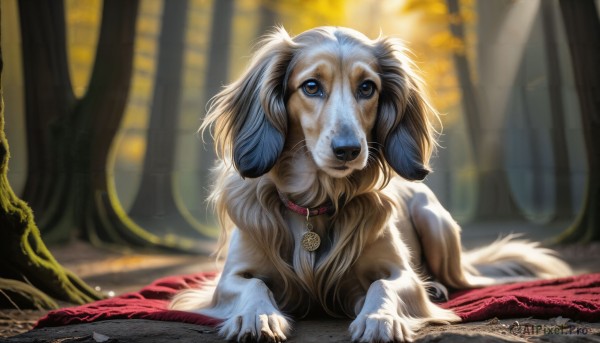 HQ,solo,blue eyes,brown eyes,outdoors,day,signature,blurry,collar,tree,no humans,depth of field,blurry background,animal,sunlight,nature,forest,dog,realistic,animal focus,animal collar,jewelry,lying,tongue,necklace,on stomach,light rays,red collar,deviantart username