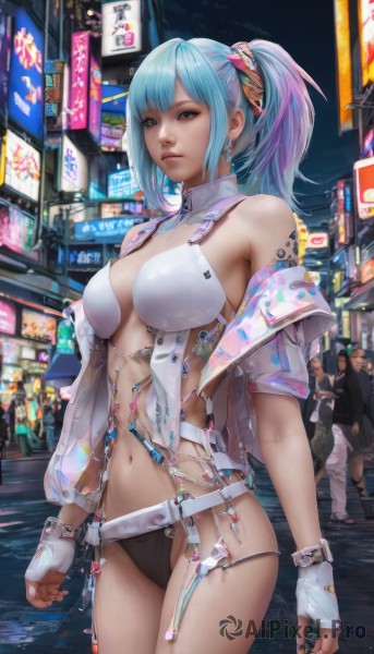 1girl,long hair,breasts,looking at viewer,bangs,large breasts,gloves,navel,bare shoulders,brown eyes,jewelry,medium breasts,underwear,blue hair,standing,panties,jacket,swimsuit,ponytail,pink hair,purple hair,bikini,multicolored hair,cowboy shot,earrings,outdoors,parted lips,multiple boys,open clothes,solo focus,belt,white gloves,fingerless gloves,off shoulder,two-tone hair,lips,streaked hair,see-through,black panties,tattoo,night,ring,revealing clothes,science fiction,city,realistic,cyberpunk,solo,thighs,leotard,neon lights