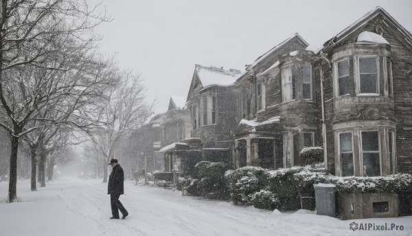 solo,short hair,black hair,long sleeves,1boy,hat,standing,jacket,male focus,outdoors,sky,pants,tree,coat,black jacket,window,building,scenery,snow,walking,black coat,snowing,house,wide shot,winter,bare tree,grey sky,footprints,boots,day,from behind,black footwear,black headwear,black pants,ground vehicle,motor vehicle,door,winter clothes,car,road,chimney