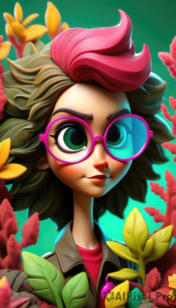 1girl,solo,smile,short hair,brown hair,shirt,closed mouth,green eyes,jacket,upper body,pink hair,flower,red hair,multicolored hair,green hair,glasses,artist name,two-tone hair,lips,streaked hair,gradient,gradient background,eyelashes,makeup,leaf,watermark,plant,lipstick,red shirt,portrait,web address,freckles,green background,nose,round eyewear,tinted eyewear,pink-framed eyewear,looking at viewer