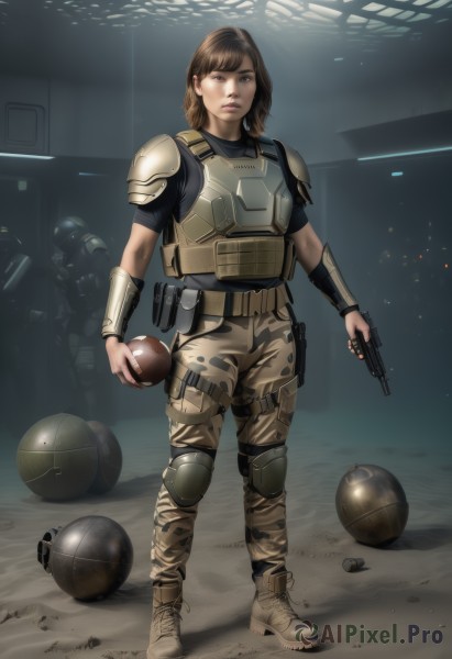 1girl,looking at viewer,short hair,brown hair,1boy,holding,brown eyes,standing,weapon,boots,multiple boys,solo focus,holding weapon,armor,uniform,lips,gun,military,military uniform,helmet,holding gun,handgun,ball,science fiction,realistic,holster,knee pads,shoulder pads,camouflage,explosive,elbow pads,soldier,flashlight,bulletproof vest,body armor,solo,full body,belt,pants,indoors,vest,watermark,web address,pouch,dirty