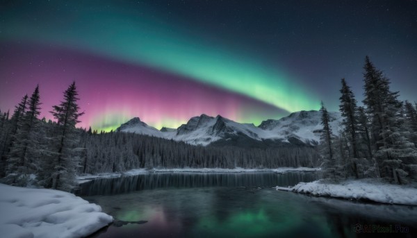 outdoors,sky,cloud,water,tree,no humans,night,star (sky),nature,night sky,scenery,snow,forest,starry sky,reflection,mountain,winter,river,landscape,lake,pine tree,aurora