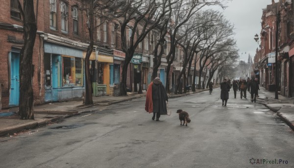 1girl,brown hair,outdoors,multiple boys,sky,solo focus,day,cloud,hood,from behind,cape,tree,coat,window,ground vehicle,building,scenery,cloak,snow,walking,6+boys,dog,city,sign,road,winter,multiple others,lamppost,bare tree,street,grey sky,people,pavement,6+others,child,leash,ambiguous gender