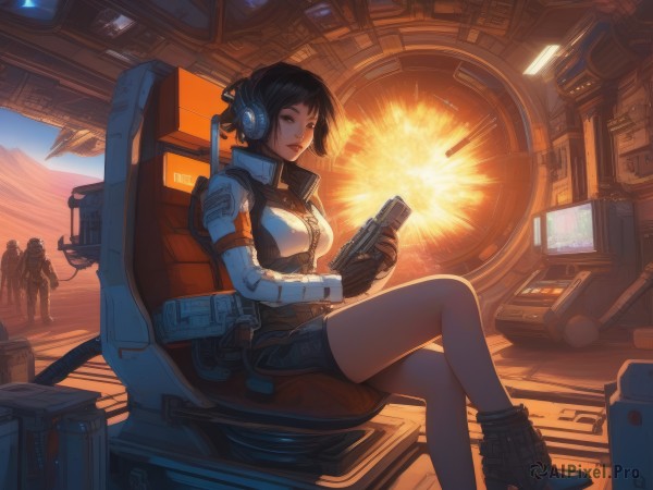 1girl,breasts,looking at viewer,short hair,black hair,gloves,holding,brown eyes,medium breasts,sitting,jacket,weapon,boots,multiple boys,shorts,solo focus,indoors,2boys,holding weapon,lips,gun,bodysuit,headphones,chair,crossed legs,robot,holding gun,rifle,handgun,headset,science fiction,cable,computer,explosion,trigger discipline,monitor,spacecraft,cockpit,screen,1boy,fingerless gloves,uniform,realistic,pilot suit,spacesuit