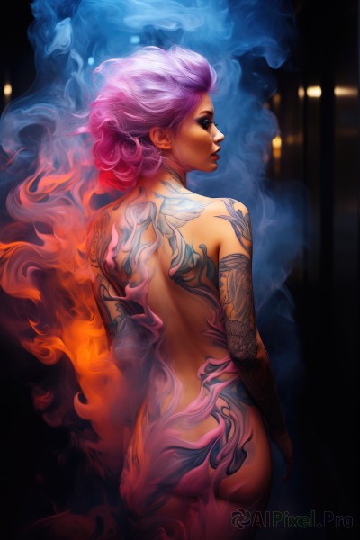 1girl,solo,long hair,standing,pink hair,purple hair,ass,nude,cowboy shot,looking back,from behind,lips,tattoo,makeup,back,sunglasses,fire,lipstick,smoke,realistic,nose,arm tattoo,back tattoo,fiery hair,full-body tattoo,looking at viewer,short hair,blue eyes