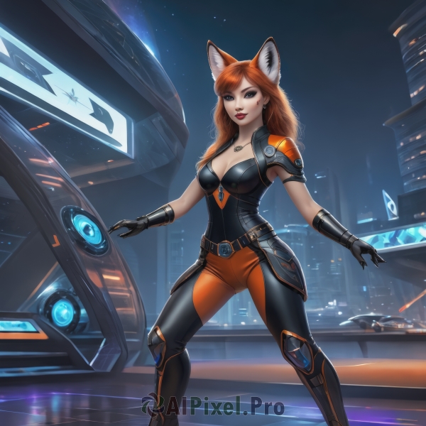 1girl,solo,long hair,breasts,looking at viewer,smile,bangs,blue eyes,large breasts,brown hair,gloves,animal ears,cleavage,jewelry,medium breasts,standing,earrings,sky,black gloves,belt,pants,artist name,necklace,orange hair,armor,mole,lips,fox ears,bodysuit,makeup,night,fox tail,lipstick,fox girl,shoulder armor,science fiction,red lips,red hair,building,night sky,extra ears,city,realistic