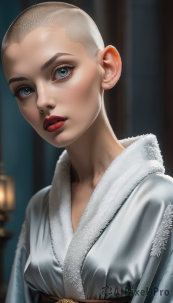 1girl,solo,looking at viewer,short hair,blue eyes,blonde hair,upper body,parted lips,blurry,lips,grey eyes,eyelashes,makeup,blurry background,lipstick,freckles,robe,realistic,red lips,bald,very short hair,japanese clothes,fur trim,animification