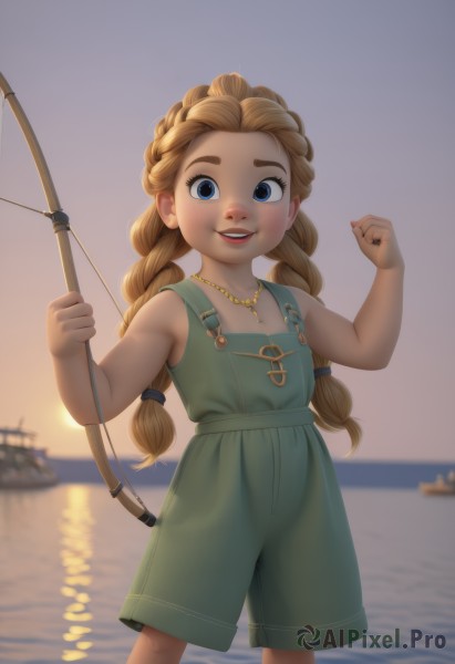 1girl,solo,long hair,looking at viewer,blush,smile,open mouth,blue eyes,blonde hair,dress,holding,twintails,jewelry,standing,braid,:d,outdoors,sky,teeth,sleeveless,water,necklace,blurry,twin braids,flat chest,hands up,bare arms,depth of field,blurry background,feet out of frame,ocean,low twintails,upper teeth only,child,backlighting,freckles,sunset,horizon,female child,overalls,watercraft,boat,fishing rod,bare shoulders,shorts,thick eyebrows,aged down,sun