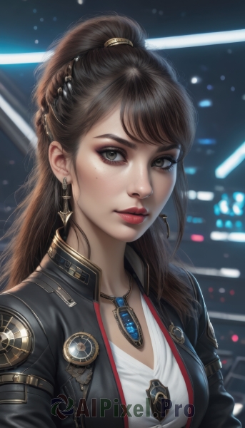 1girl,solo,long hair,breasts,looking at viewer,bangs,brown hair,shirt,cleavage,brown eyes,jewelry,medium breasts,closed mouth,jacket,white shirt,upper body,ponytail,braid,earrings,open clothes,necklace,mole,blurry,open jacket,lips,black jacket,eyelashes,mole under eye,makeup,blurry background,lipstick,pendant,eyeshadow,freckles,realistic,nose,red lips,leather,leather jacket,hair ornament,artist name,swept bangs,eyeliner,mascara