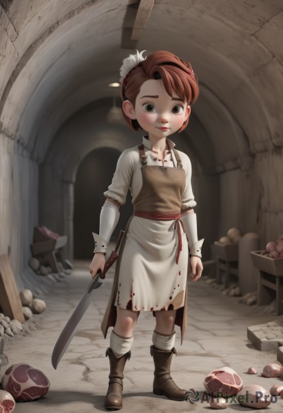 1girl,solo,looking at viewer,short hair,brown hair,hair ornament,long sleeves,dress,holding,brown eyes,closed mouth,standing,full body,weapon,boots,food,socks,sword,indoors,holding weapon,apron,lips,blood,brown footwear,aged down,feathers,knife,child,white apron,female child,mushroom,blush,hairband,holding sword,freckles,male child,egg,dirty,tunic,dirty face,potato