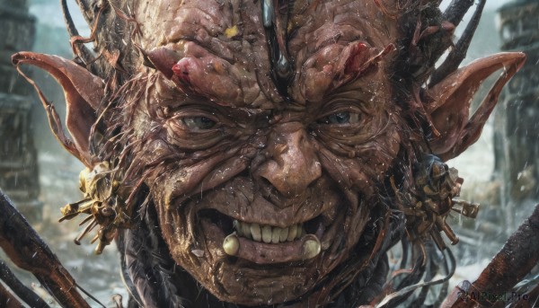 solo,looking at viewer,smile,open mouth,blue eyes,1boy,male focus,outdoors,horns,teeth,blurry,blurry background,monster,realistic,giant,tongue,tongue out,no humans,depth of field,science fiction,cable,cyborg