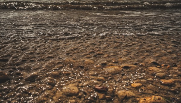 monochrome,outdoors,water,blurry,no humans,ocean,traditional media,nature,scenery,sepia,river,landscape,shore,brown theme,rock,realistic,sand,photo background