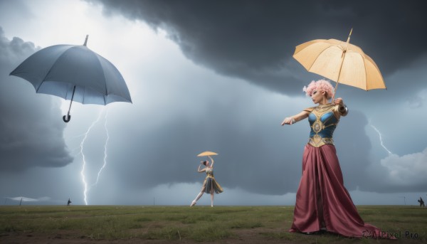 1girl,short hair,multiple girls,skirt,black hair,1boy,hat,dress,holding,2girls,jewelry,standing,pink hair,outdoors,multiple boys,sky,cloud,2boys,armor,umbrella,parody,cloudy sky,grass,outstretched arm,pointing,rain,holding umbrella,lightning,breasts,dark skin,long skirt,electricity,parasol,mechanical arms,afro