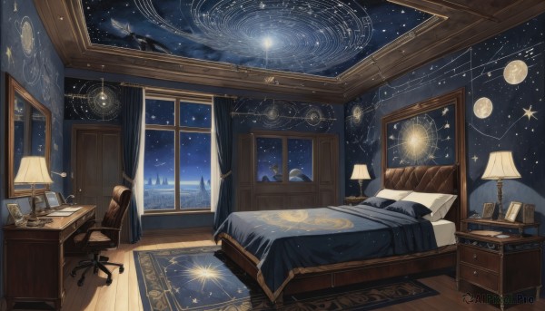 sky,cloud,indoors,star (symbol),cup,pillow,book,no humans,window,bed,night,chair,moon,table,curtains,star (sky),night sky,scenery,desk,starry sky,wooden floor,blanket,clock,bookshelf,lamp,bedroom,constellation,carpet,drawer,globe,phone,stuffed toy,open book,pen,candle,painting (object),map,shooting star,whale,candlestand,desk lamp,telescope