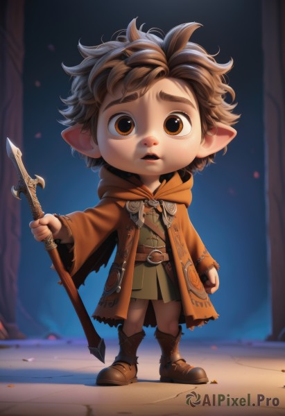 solo,looking at viewer,short hair,open mouth,brown hair,1boy,holding,brown eyes,standing,full body,weapon,male focus,boots,parted lips,pointy ears,belt,hood,holding weapon,brown footwear,polearm,staff,messy hair,child,robe,holding staff,male child,tunic,teeth,sword,chibi,thick eyebrows