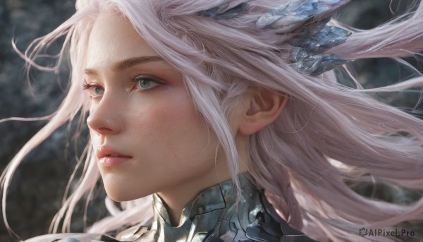 1girl,solo,long hair,hair ornament,green eyes,braid,white hair,parted lips,artist name,armor,blurry,lips,floating hair,depth of field,blurry background,looking away,looking up,portrait,close-up,freckles,realistic,nose,looking afar,horns,eyelashes,wind,scales,looking ahead