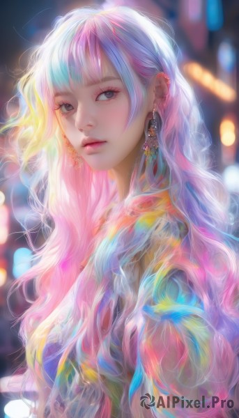 1girl,solo,long hair,looking at viewer,bangs,jewelry,closed mouth,blue hair,upper body,pink hair,multicolored hair,earrings,blurry,black eyes,from side,two-tone hair,lips,grey eyes,eyelashes,gradient hair,makeup,depth of field,blurry background,wavy hair,piercing,ear piercing,nose,bokeh,rainbow hair,blunt bangs,looking to the side,pink lips,colorful