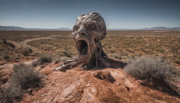 solo,open mouth,red eyes,outdoors,sky,teeth,day,no humans,scenery,monster,realistic,sand,alien,horror (theme),desert,blue sky,rock,kaijuu