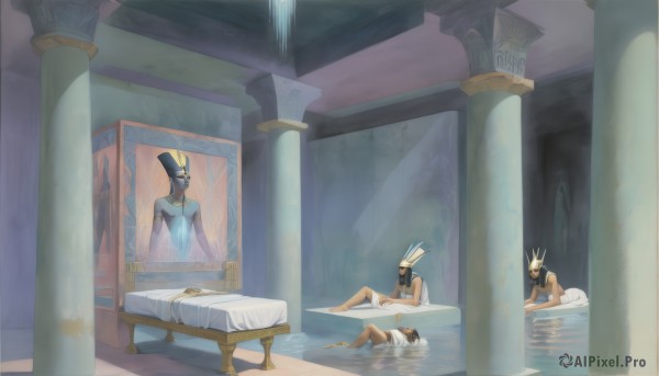 1girl,long hair,multiple girls,brown hair,black hair,animal ears,jewelry,sitting,closed eyes,lying,multiple boys,barefoot,dark skin,2boys,water,rabbit ears,dark-skinned female,dark-skinned male,sleeping,armlet,reflection,pool,pillar,throne,waterfall,egyptian,egyptian clothes,column,male focus,bed,3boys,partially submerged,mirror,bathing,bath,bathtub