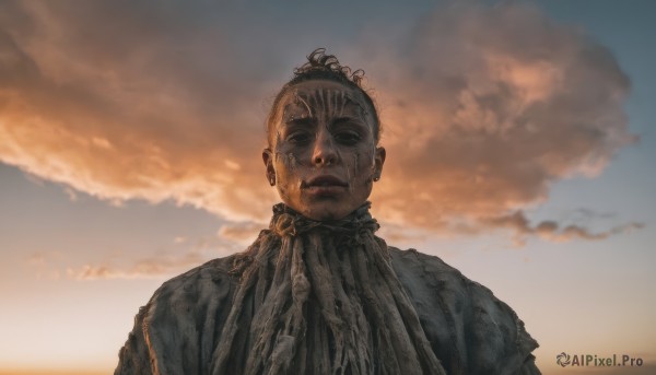 1girl,solo,looking at viewer,1boy,jewelry,closed mouth,upper body,male focus,outdoors,sky,cloud,black eyes,single hair bun,cloudy sky,old,old woman,short hair,earrings,sunset