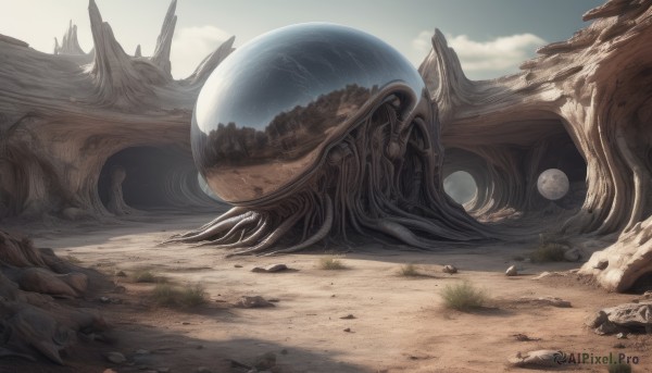 outdoors,sky,day,cloud,blue sky,no humans,cloudy sky,grass,scenery,rock,fantasy,sand,planet,orb,desert,tree,science fiction