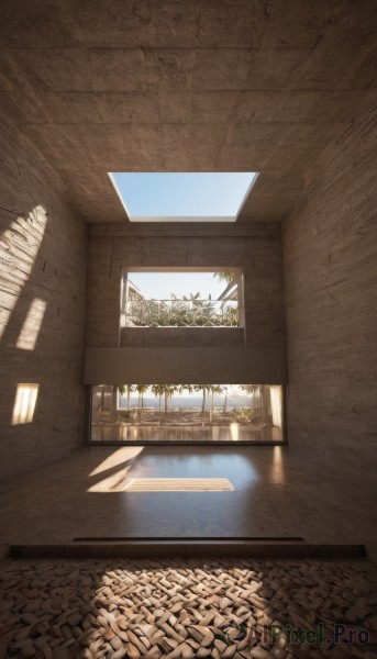 outdoors,sky,day,indoors,water,tree,blue sky,no humans,window,shadow,sunlight,plant,building,scenery,reflection,door,wooden floor,wall