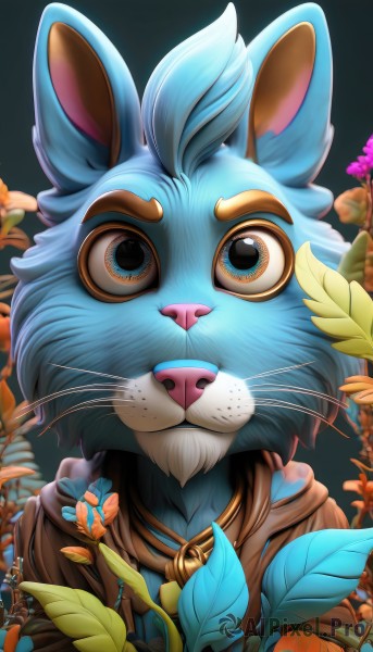 solo,looking at viewer,blue eyes,simple background,1boy,holding,animal ears,blue hair,upper body,flower,male focus,teeth,artist name,hood,animal,leaf,plant,portrait,furry,pink flower,holding flower,furry male,straight-on,animal nose,whiskers,orange flower,buck teeth,blue fur,watermark