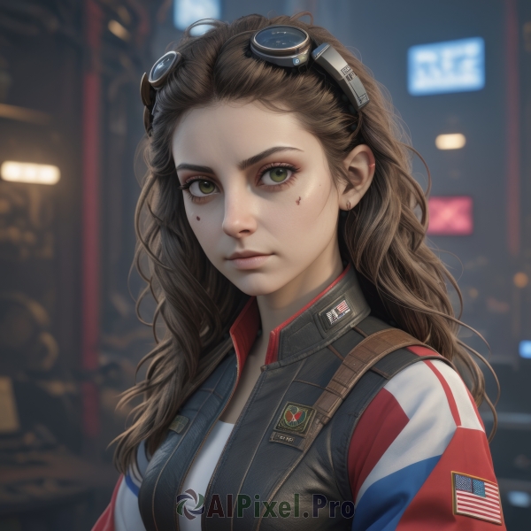 1girl,solo,long hair,breasts,looking at viewer,brown hair,shirt,jewelry,closed mouth,green eyes,jacket,upper body,earrings,artist name,blurry,vest,lips,makeup,blurry background,wavy hair,facial mark,piercing,goggles,forehead,freckles,curly hair,goggles on head,realistic,nose,stud earrings,facepaint,american flag,brown eyes,medium breasts,open clothes,mole,open jacket,eyelashes,mole under eye,depth of field