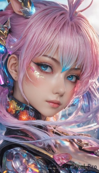 1girl,solo,long hair,breasts,looking at viewer,bangs,blue eyes,hair ornament,animal ears,jewelry,closed mouth,blue hair,pink hair,heart,multicolored hair,earrings,artist name,lips,eyelashes,gradient hair,makeup,facial mark,lipstick,gem,portrait,eyeshadow,nose,red lips,mascara,cleavage,upper body,flower,choker,armor,collar,close-up,freckles