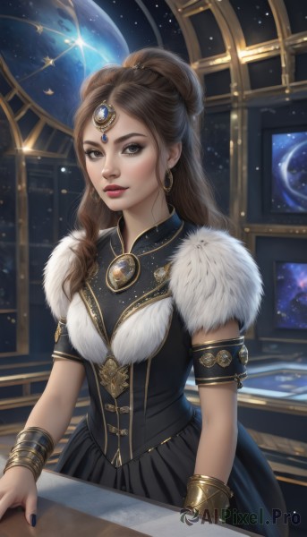 1girl,solo,long hair,breasts,looking at viewer,skirt,brown hair,dress,brown eyes,jewelry,braid,earrings,artist name,indoors,hair bun,nail polish,black dress,bracelet,lips,fur trim,makeup,lipstick,gem,star (sky),black nails,armlet,eyeshadow,gold trim,circlet,hoop earrings,realistic,nose,red lips,eyeliner,space,bracer,forehead jewel,planet,earth (planet),mascara,hair ornament,ponytail,parted lips