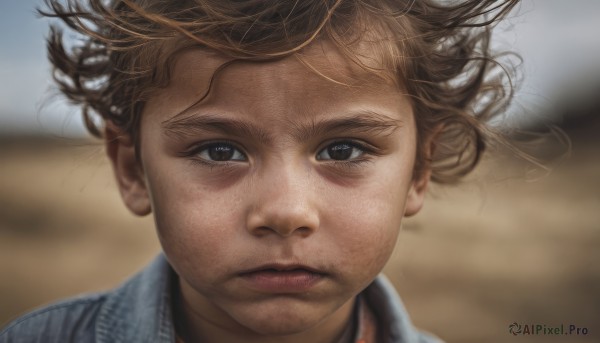 1girl,solo,looking at viewer,short hair,brown hair,shirt,1boy,brown eyes,closed mouth,male focus,blurry,lips,floating hair,depth of field,blurry background,wind,messy hair,portrait,realistic,straight-on,choker,eyelashes,expressionless,close-up,serious