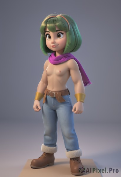 1girl,solo,breasts,smile,short hair,navel,brown eyes,jewelry,nipples,standing,full body,hairband,small breasts,boots,green hair,belt,pants,scarf,flat chest,lips,fur trim,loli,brown footwear,topless,denim,clenched hands,jeans,pink scarf,purple scarf,wristband