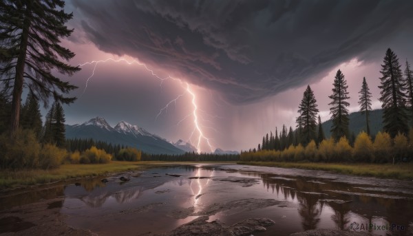 outdoors,sky,cloud,water,tree,no humans,cloudy sky,grass,nature,scenery,forest,reflection,mountain,electricity,river,lightning,landscape,lake,reflective water,pine tree,mountainous horizon